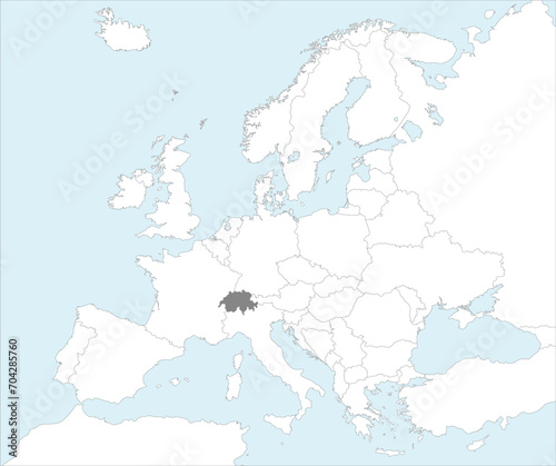 Gray CMYK national map of SWITZERLAND inside detailed white blank political map of European continent on blue background using Mollweide projection