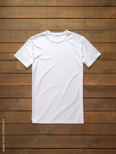 Top view of white color T-shirt mockup on wooden background.