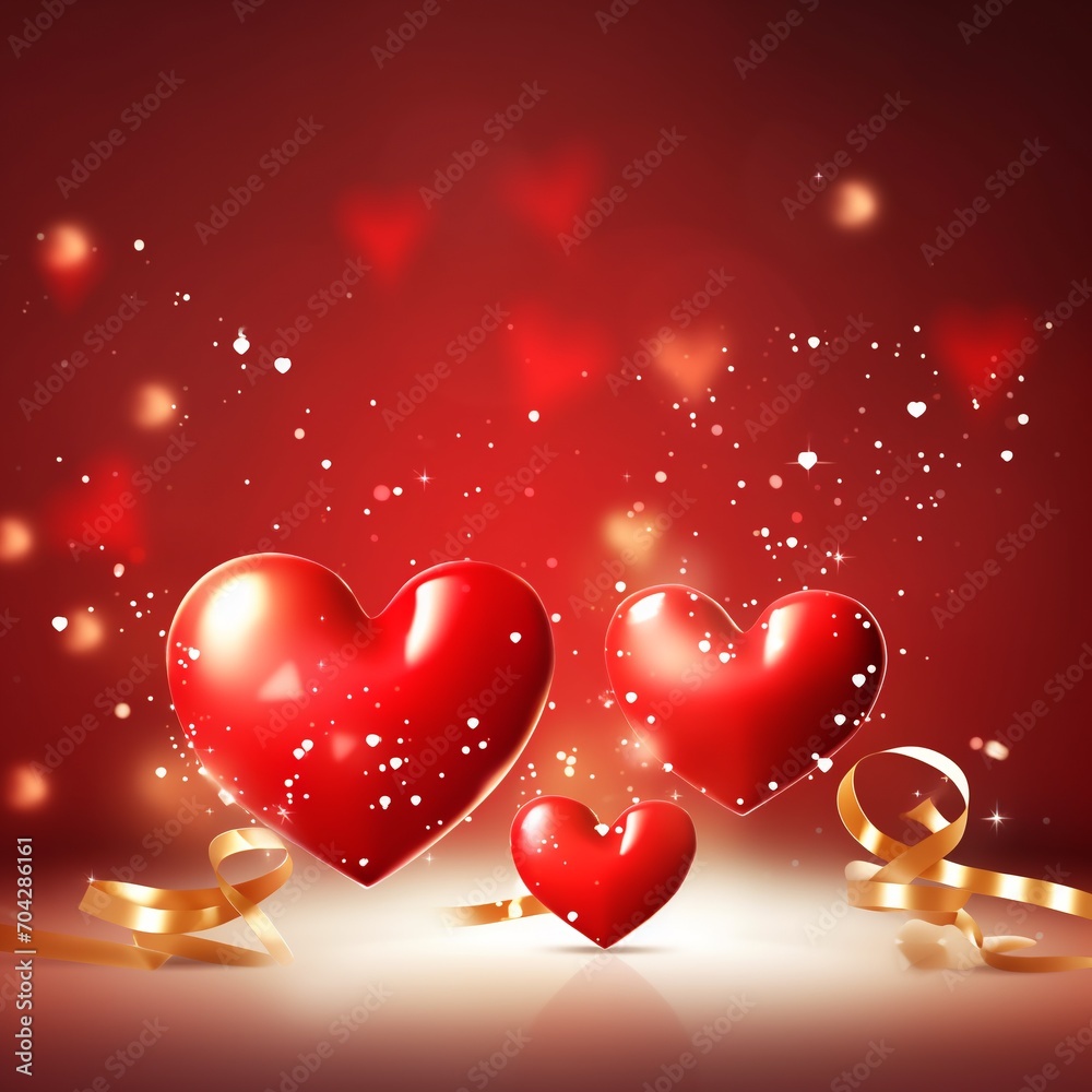 Valentine's Day background with red hearts and golden ribbons. AI. Valentine's Day background with red hearts and golden ribbons. AI.