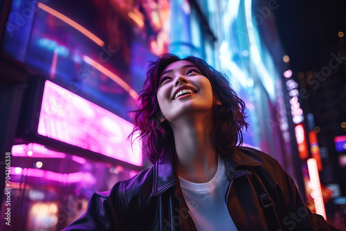 A woman's delighted expression as she touches her flawlessly radiant skin, urban cityscape with vibrant neon lights