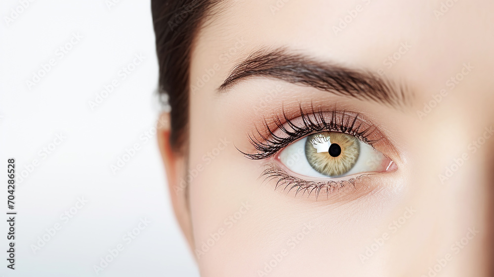 Obraz premium A cute woman's open eye luminous skin, surrounded by a minimalist, modern white background