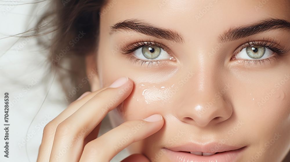 A cute woman's open eye luminous skin, surrounded by a minimalist, modern white background A cute woman's open eye luminous skin, surrounded by a minimalist, modern white background