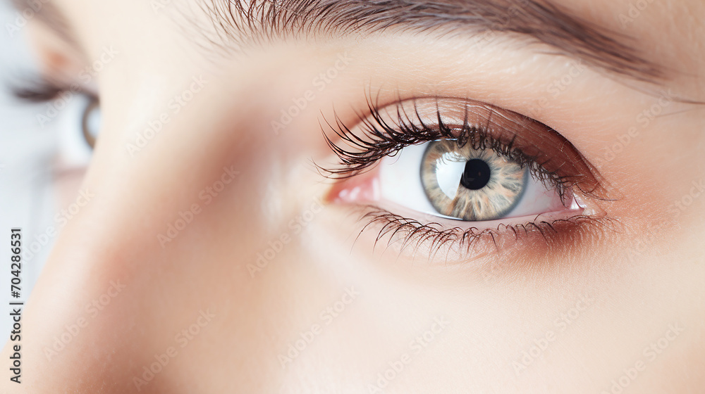 A cute woman's open eye luminous skin, surrounded by a minimalist, modern white background A cute woman's open eye luminous skin, surrounded by a minimalist, modern white background