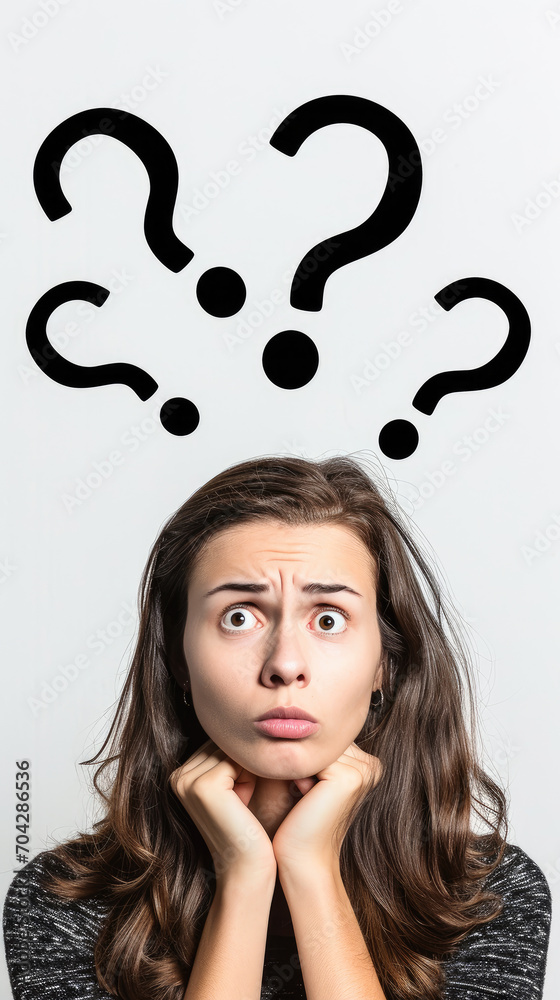 Portrait of a woman with perplexed facial expression; some black question marks above her head. Generative AI Portrait of a woman with perplexed facial expression; some black question marks above her head. Generative AI