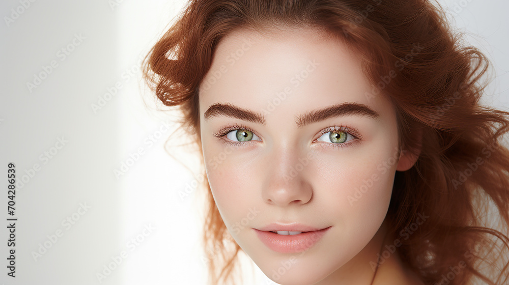 Fototapeta premium A cute woman's open eye luminous skin, surrounded by a minimalist, modern white background
