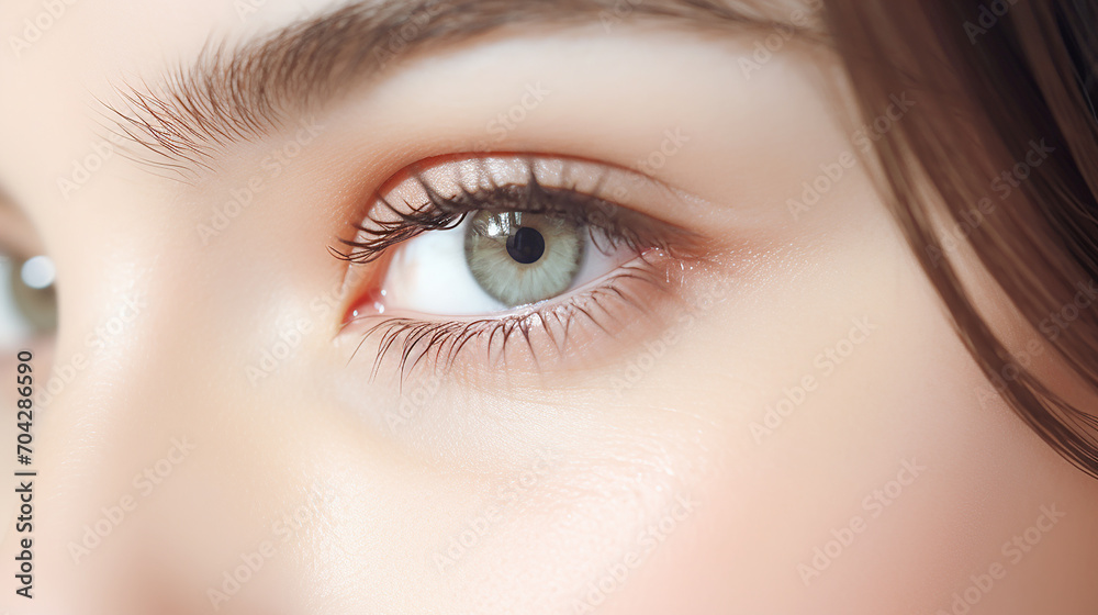 A cute woman's open eye luminous skin, surrounded by a minimalist, modern white background A cute woman's open eye luminous skin, surrounded by a minimalist, modern white background