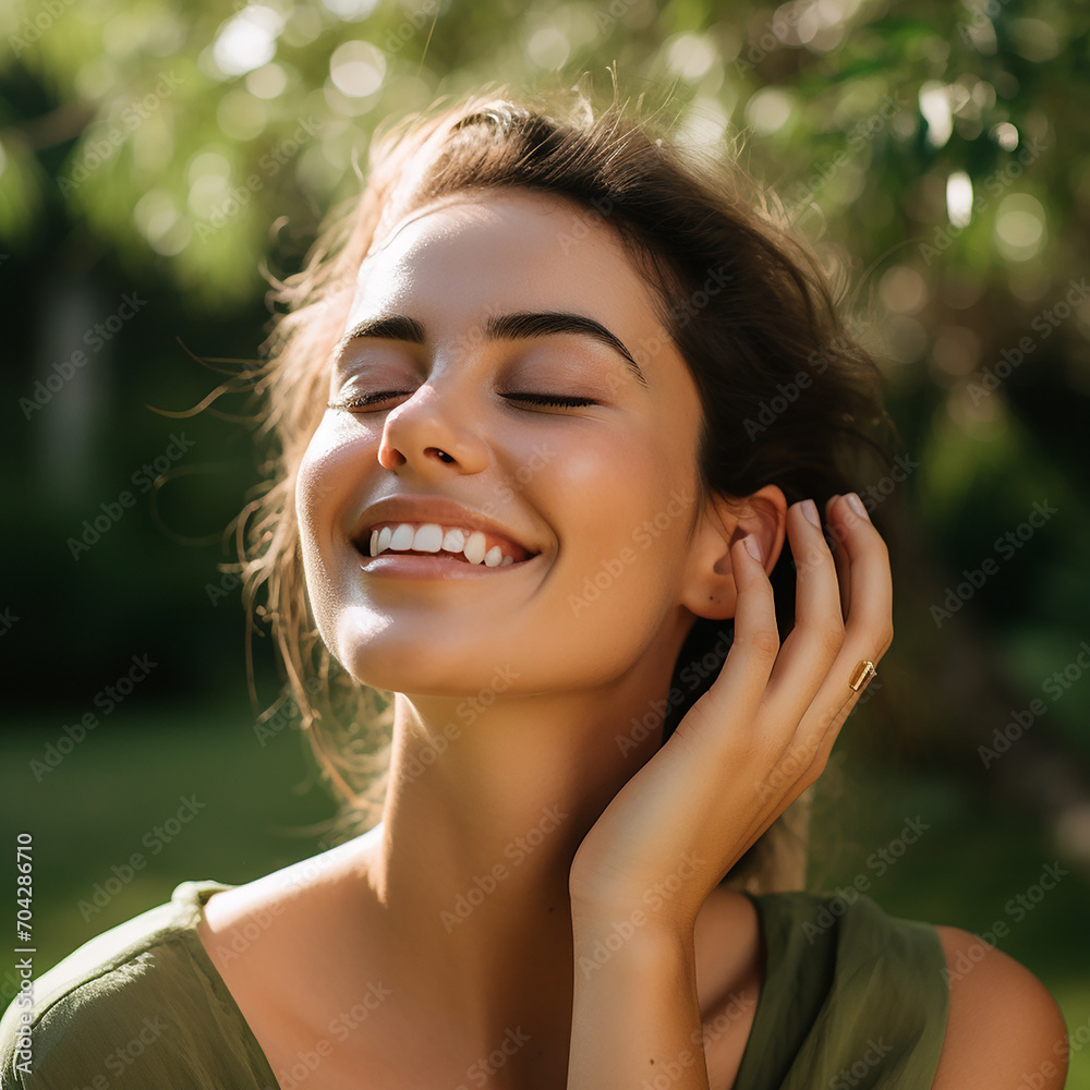A woman joyfully touching her flawless, glowy skin with a serene expression, soft sunlight illuminating her face, and a lush green background A woman joyfully touching her flawless, glowy skin with a serene expression, soft sunlight illuminating her face, and a lush green background