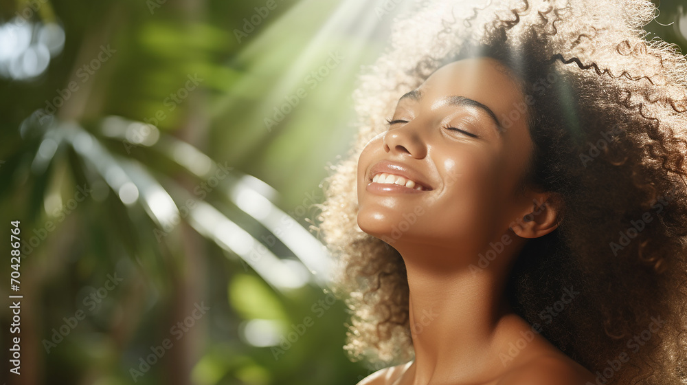 A woman joyfully touching her flawless, glowy skin with a serene expression, soft sunlight illuminating her face, and a lush green background A woman joyfully touching her flawless, glowy skin with a serene expression, soft sunlight illuminating her face, and a lush green background