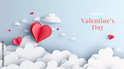 Red heart with white cloud paper cut style,Valentine's day banner.vector illustration photo