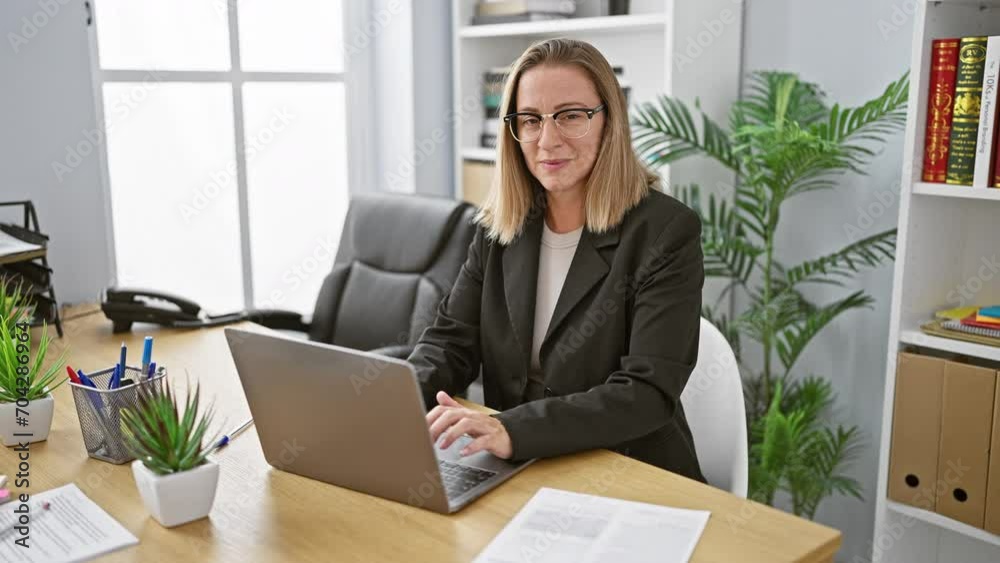 Confident and beautiful young blonde business woman joyfully working on her laptop in a vibrant and elegant office setting Confident and beautiful young blonde business woman joyfully working on her laptop in a vibrant and elegant office setting