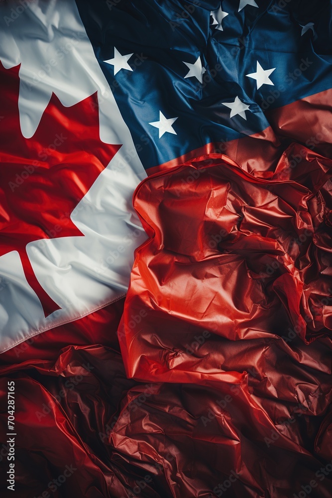 Obraz premium US and Canadian flags with red fabric