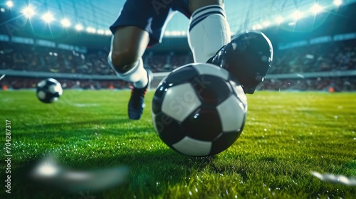 Football World Championship: Soccer Player Runs to Kick the Ball. Ball on the Grass Field of Arena, Full Stadium of Crowd Cheers. International Tournament. Cinematic Shot Captures Victory 
