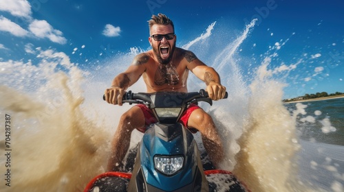 A man driving a super fun water scooter is splashing water at the camera while driving.