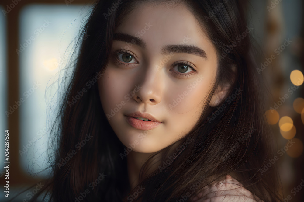 A hyper-realistic close-up of a beautiful Asian woman mesmerizes, her smooth skin radiating under the studio light against a pristine blur background. Generative AI.