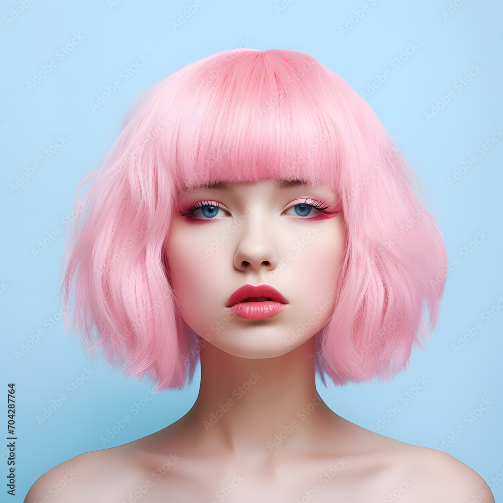 Beautiful girl with short pink hair isolated on sky blue background Beautiful girl with short pink hair isolated on sky blue background