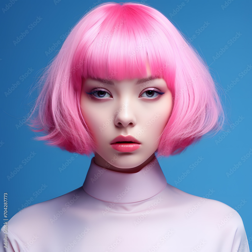 Beautiful girl with short pink hair isolated on sky blue background Beautiful girl with short pink hair isolated on sky blue background