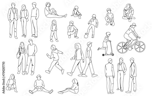 Silhouettes of men, women, teenagers and children standing, walking, sitting, linear sketch, black color, vector, group recreation people, students, flat icon design concept isolated on white