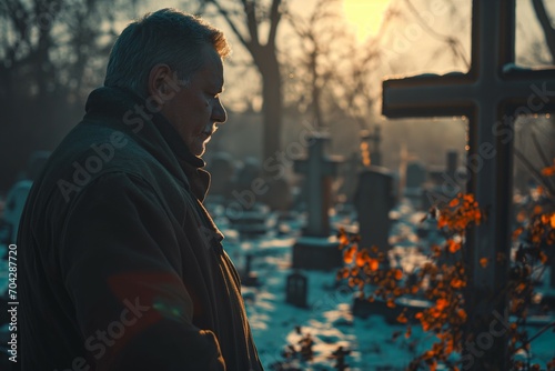 An elderly man looks sadly at the pogost in a Christian cemetery photo