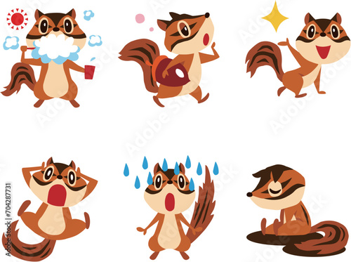 手描きのかわいいシマリスキャラクターセット4　(歯磨き、おやすみ、びっくり他)