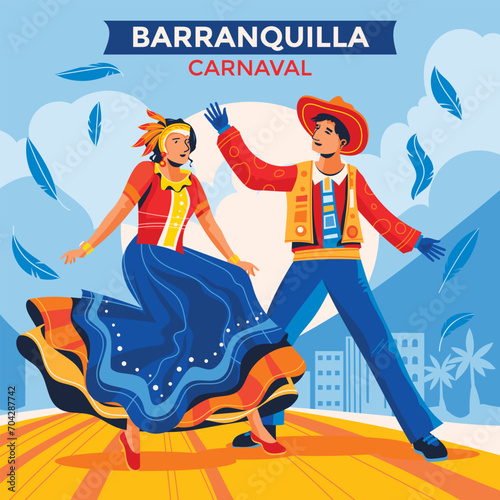 Carnival dancers with colorful costumes performing in the parade in Barranquilla Carnival