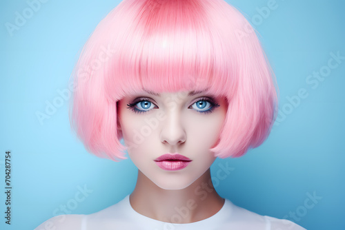 Beautiful girl with short pink hair isolated on sky blue background 