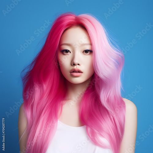 Pretty Asian woman with long pink hair