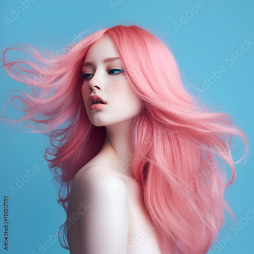 Beautiful girl with short pink hair isolated on sky blue background 