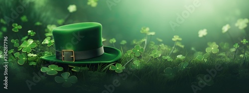 Green shamrock lucky top hat as St Patrick's day symbol and luck icon of Irish tradition with magical four leaf clover. Leprechaun cap. Celebration concept, Background, card, banner with copy space