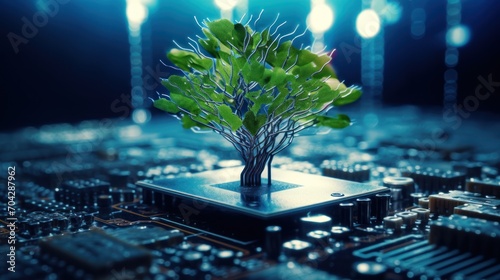 Tree with soil growing on technology circuit board, blue light and network background. green technology