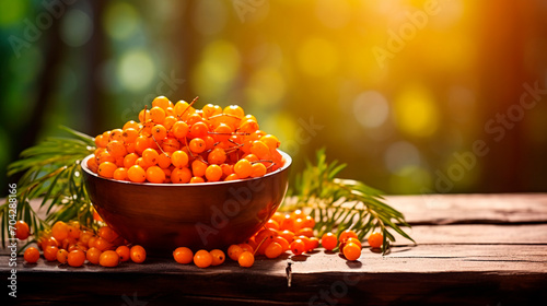 Sea buckthorn in a bowl against the backdrop of the garden. Selective focus.