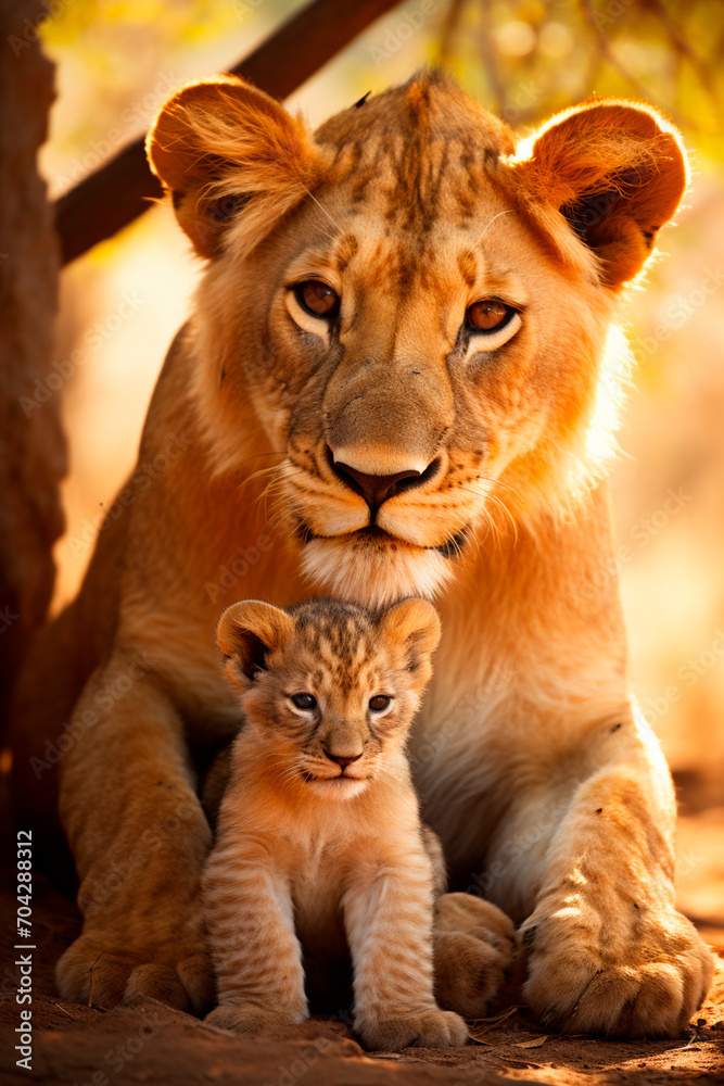 Naklejka premium Lioness with a little lion cub. Selective focus.