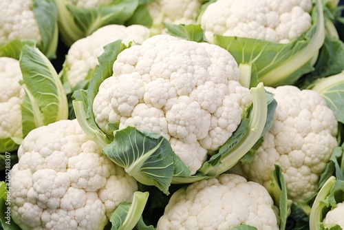 heap of ripe organic cauliflower background top view, vegetable harvest texture