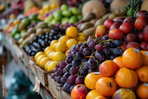 fruit stall with set of different ripe fruits at the local market