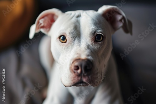 portrait of a adorable white pitbull dog at home looking at camera