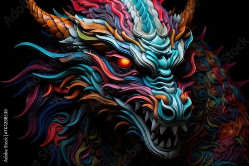 Vibrant close-up of a Chinese dragon sculpture set against a black backdrop, ideal for New Year projects. © jambulart