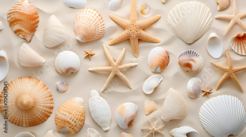 top view of a sandy beach with exotic seashells and starfish as natural textured background for aesthetic summer design