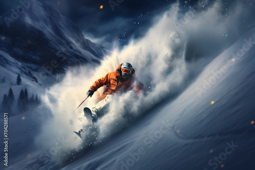 Skier carving down a slope. Jumping skier. Extreme winter sports.