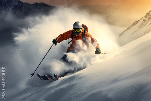 Skier carving down a slope. Jumping skier. Extreme winter sports.