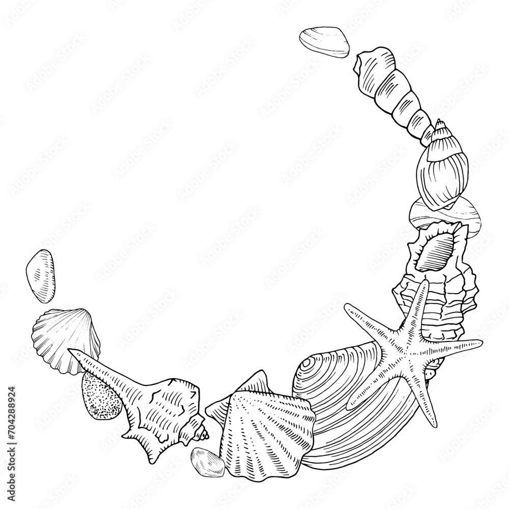 Seashell Vector Wreath. Outline illustration of starfish and shell ...