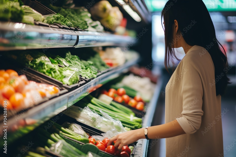 Asian woman grocery shopping in supermarket produce section
