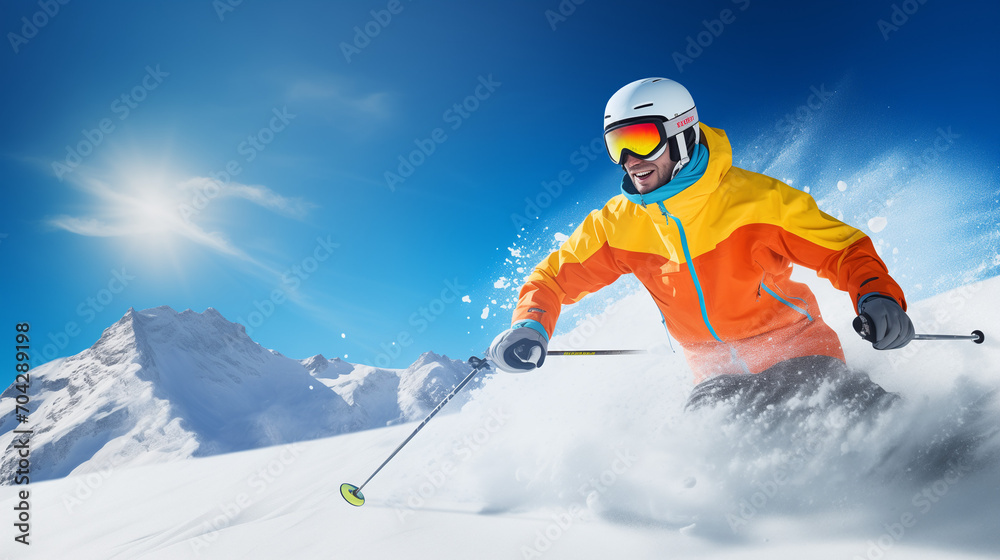 Skier Man Skiing Downhill on Ski Resort Slope the Mountains