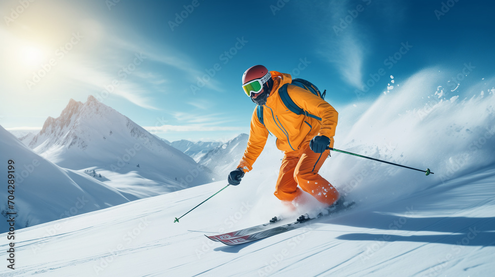 Man Skiing Downhill: Alpine Resort Slope Adventure in the Mountains at Ski Resort