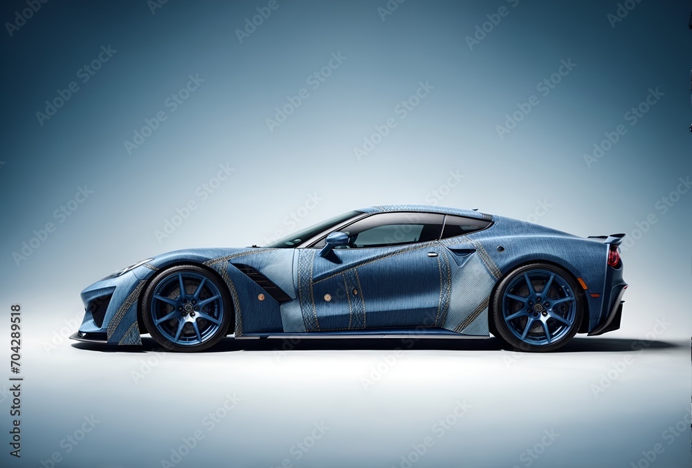 a sports car with a jeans-themed wrap