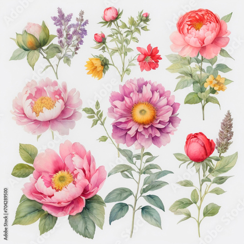 set of watercolor painted flowers