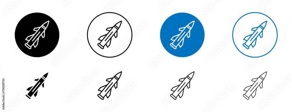 Rocket Bomb Nuclear Weapon Line Icon Set. Launch ballistic air missile symbol in black and blue color.