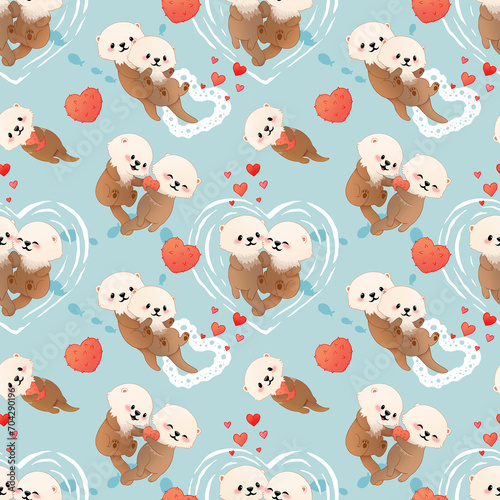Cute cartoon otters in love. Valentine's day seamless pattern. Hand drawn art of loving couple