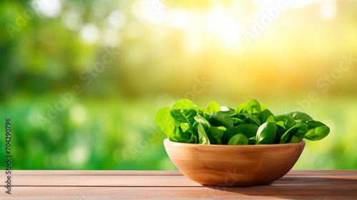 Spinach in a bowl in the garden. Selective focus.