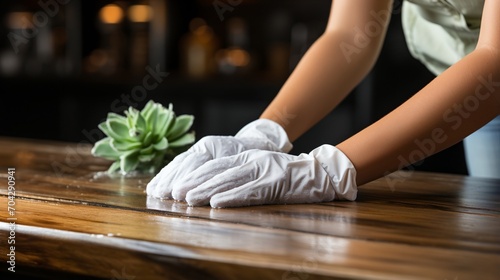 gloved hands cleaning wooden table photo