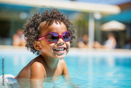 Happy Child with Sunglasses in Pool. Generative AI