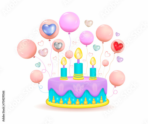 A children s birthday cake with icing  candles and balloons. Illustration  banner. A place to copy.